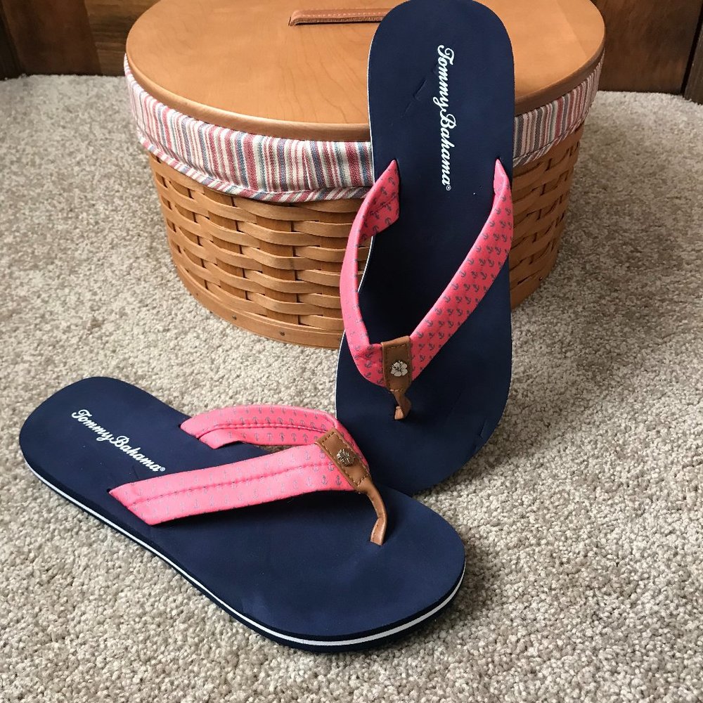 Tommy Bahama Navy Blue Pink Women's Flip Flop Sandals Anchors Nautical Beachy